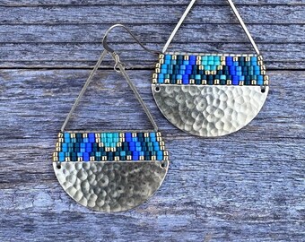 Beaded Brass Triangle Teardrops - Blues & Greens Sunrise (LG) - Handwoven Seed Bead Beadwork Earrings