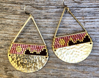 Beaded Brass Triangle Teardrops - Strawberry & Chocolate Landscape (large) Handwoven Beaded Seed Bead Earrings