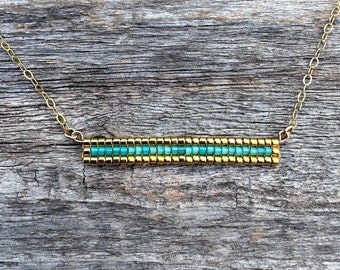 Beaded Bar Pendant Necklace in Silky Green with 14K Gold Filled Chain - Square Stitch Beadwork