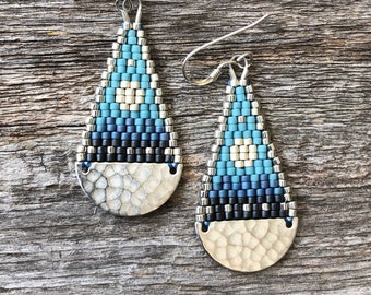 Beaded Brass Teardrops - Small Silver Moon with Star - Light Blues (small) Handwoven Beaded Seed Bead Earrings