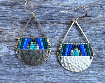 Beaded Brass Triangle Teardrops - Blues & Greens Sunset (MED) - Handwoven Beaded Seed Bead Earrings