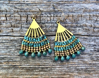 Beaded Brass Fan Drop Earrings, Gold Turquoise Beads, Handwoven Seed Bead Earrings, Glass Beads Gifts, Unique Beadwork Jewelry, Matte Gold