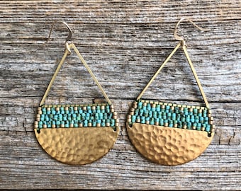 Beaded Brass Triangle Teardrops - Turquoise & Pale Matte Gold (large) Handwoven Beaded Seed Bead Earrings