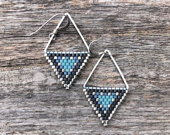 Beaded Triangle Drop Earrings: Handwoven Beadwork, Blue Seed Beads, Sterling Silver