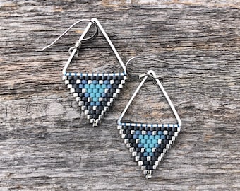 Beaded Triangle Drops - Dark Blues & Silver - Handwoven Beaded Seed Bead Earrings