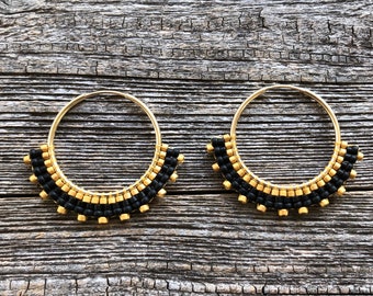 Beaded Hoop Earrings -14K Gold Filled Hoops - Black & Gold (SM) - Handwoven Seed Bead Brick Stitch Beaded Hoops