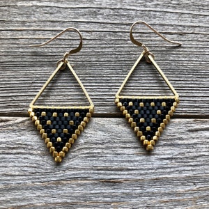 Beaded Triangle Drops Gold & Black Handwoven Beaded Seed Bead Earrings image 1