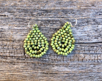 Dew Drop (SM) - Chartreuse - Handwoven Teardrop Beaded Seed Bead Earrings