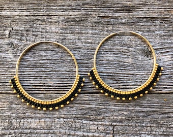 Handwoven Beaded Hoop Earrings: Black Gold Miyuki Seed Beads, Large Size