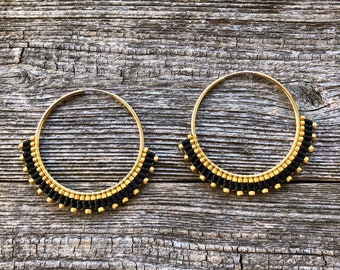 Beaded Hoop Earrings - 14K Gold Filled Hoops - Black & Gold (MED) - Handwoven Seed Bead Brick Stitch Beaded Hoops