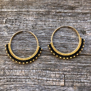 Handwoven Beaded Hoop Earrings: 14K Gold Filled, Black & Gold Miyuki Seed Beads