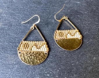 Beaded Brass Triangle Teardrop Earrings: Miyuki Glass Seed Beads, Matte White Quartz, Medium Size
