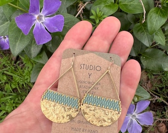 Beaded Brass Triangle Teardrop Earrings: Handwoven Glass Seed Beads, Matte Seafoam Sage, Large Size