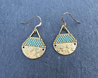 Beaded Brass Triangle Teardrop Earrings: Miyuki Glass Seed Beads, Matte Sage Gold, Small Size