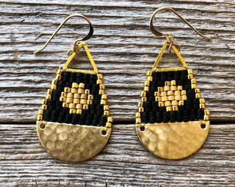 Beaded Brass Sun Triangle Teardrops - Matte Black with Gold Sun - Handwoven Beaded Seed Bead Earrings