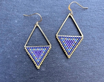 Handwoven Seed Bead Earrings: Purple Blue Gold Triangle Drops
