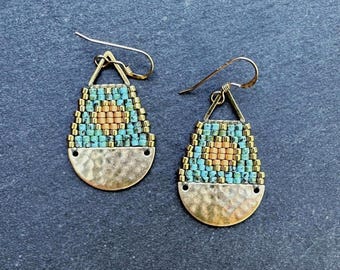 Handwoven Seed Bead Earrings: Brass Gold Sun, Turquoise Teardrops