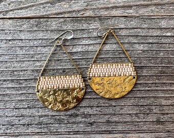 Beaded Brass Triangle Teardrops - Matte Cream & Gold - (LG) - Handwoven Seed Bead Beadwork Earrings