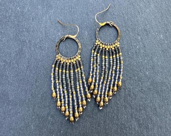 Seed Bead Fringe Hoop Earrings: Handwoven Rustic Gray Glass Beads, 14k Gold Fill Hooks
