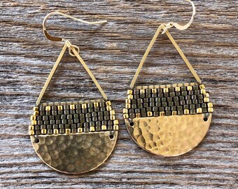 Beaded Brass Triangle Teardrops - Dark Olive & Gold (medium) Handwoven Beaded Seed Bead Earrings