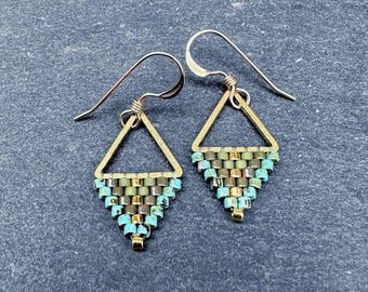 Tiny Triangle Beaded Earrings: Olive Turquoise, 24k Gold, Handwoven