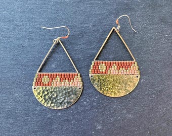 Beaded Brass Triangle Teardrop Earrings: Handwoven Glass Seed Beads, Topaz Sienna Gold Landscape, Large Size
