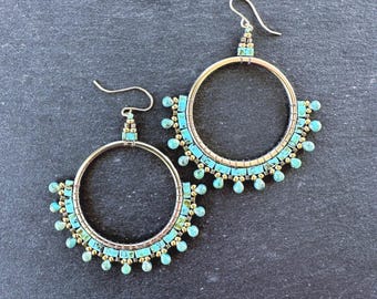 Turquoise Glass Bead Hoop Earrings: 24K Gold Plated Beads, Handwoven Beadwork