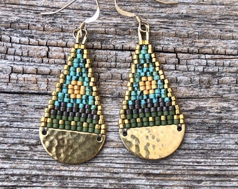 Beaded Brass Teardrops - Small Gold Moon with Star - Turquoise & Olives (small) Handwoven Beaded Seed Bead Earrings