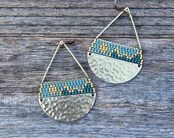 Beaded Brass Triangle Teardrops - Sage & Emerald Green Landscape (LG) Handwoven Seed Bead Earrings