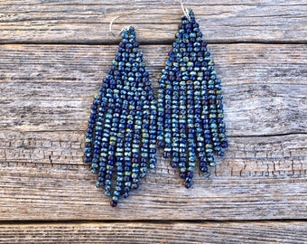 Rock Steady (V shaped Fringe) - Indigo - Handwoven Seed Bead Beaded Fringe Earrings