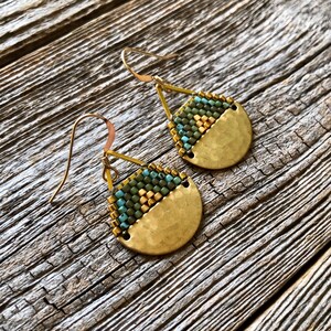 Beaded Brass Triangle Teardrops Olives, Turquoise & Gold Handwoven Beaded Seed Bead Earrings image 4