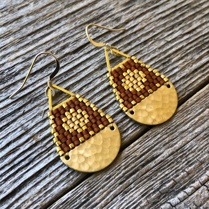 Beaded Brass Sun Triangle Teardrops Matte Terracotta with Gold Sun Handwoven Beaded Seed Bead Earrings image 5