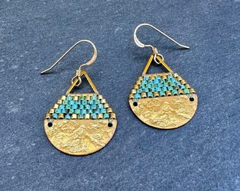 Beaded Brass Triangle Teardrop Earrings: Miyuki Glass Seed Beads, Turquoise Gold, Small Size