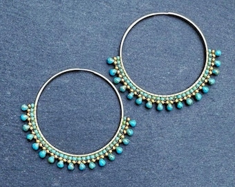 Beaded Tassel Hoop Earrings: Turquoise Miyuki Seed Beads, 14K Gold Filled