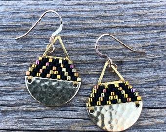 Beaded Brass Triangle Teardrops - Black & Iris Gold Stripes (small) Handwoven Beaded Seed Bead Earrings