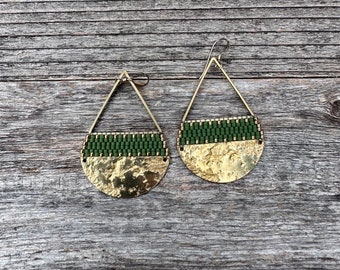 Beaded Brass Triangle Teardrops in Avocado & Gold - (LG) - Handwoven Seed Bead Beadwork Earrings