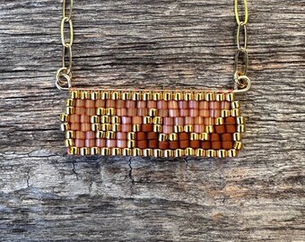 Beaded Landscape Pendant Bar Necklace in Silk Topaz & Terracotta with 14k gold filled chain