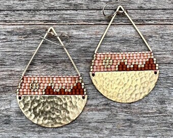 Beaded Brass Triangle Teardrops in Silk Topaz & Terracotta Landscape - (LG) - Handwoven Seed Bead Beadwork Earrings