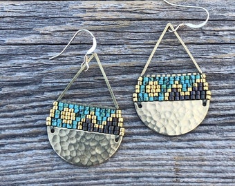 Beaded Brass Triangle Teardrops - Dark Olive & Turquoise Landscape (medium) Handwoven Beaded Seed Bead Earrings