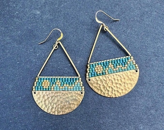 Beaded Brass Triangle Teardrop Earrings: Handwoven Glass Seed Beads, Sage Gold Landscape, Large Size