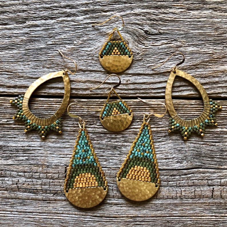 Beaded Brass Triangle Teardrops Olives, Turquoise & Gold Handwoven Beaded Seed Bead Earrings image 5