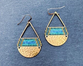 Beaded Brass Triangle Teardrop Earrings: Glass Seed Beads, Blue Green Gold, Medium Size