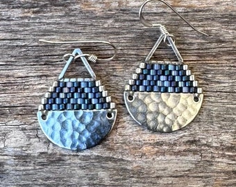 Beaded Brass Triangle Teardrops - Matte & Silky Blue (SM) - Handwoven Beaded Seed Bead Earrings
