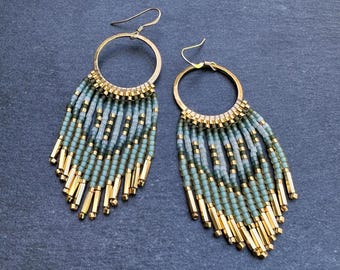 Handwoven Hoop Fringe Earrings: Ocean Moss Seed Beads, 24k Gold Plated, 14k Gold Filled