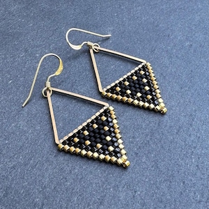 Beaded Triangle Drops - Gold & Black - Handwoven Beaded Seed Bead Earrings