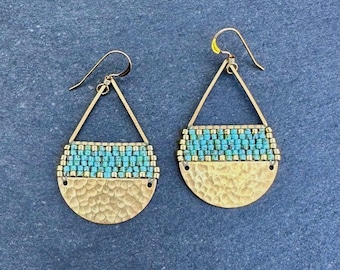 Beaded Brass Triangle Teardrop Earrings: Miyuki Glass Seed Beads, Turquoise Gold, Medium Size