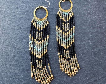 Seed Bead Fringe Hoop Earrings: Handwoven Turquoise Glass Gold Brass Beads