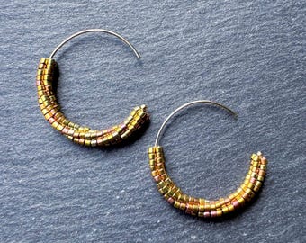 Beaded Hoop Threader Earrings: 24K Gold Miyuki Beads, 14K Gold Filled