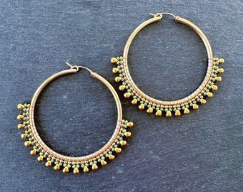 Handwoven Beaded Hoop Earrings: 14K Gold Filled, Olive Green Miyuki Beads