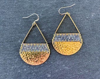 Beaded Brass Triangle Teardrop Earrings: Glass Seed Beads, Rustic Gray Gold, Large Size